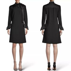Mikael Aghal Saks Long Sleeve A Line Dress Size 0 Black Satin Tie Neck‎ Ruffle